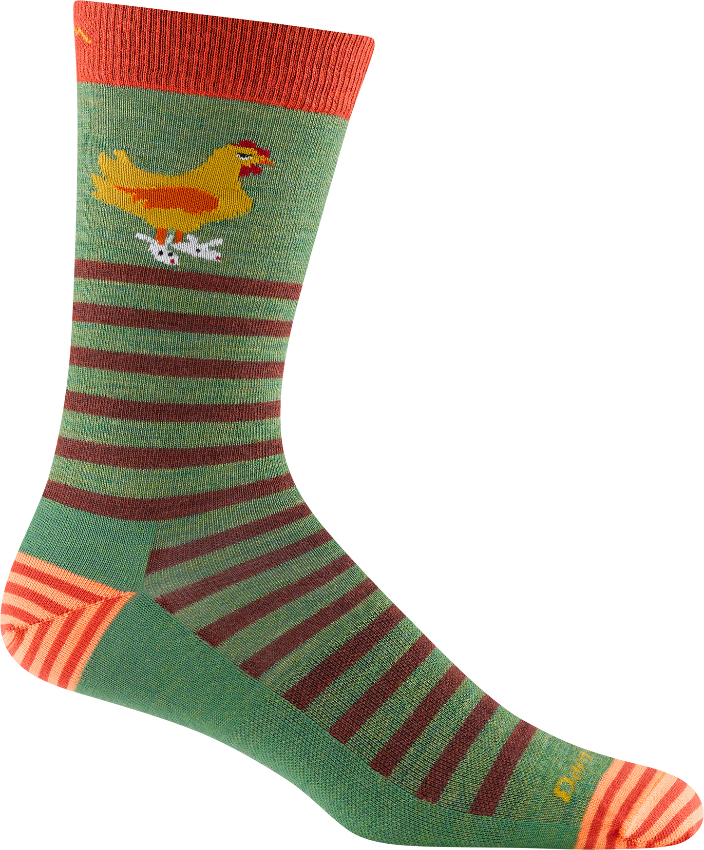 Green crew sock with red stripes and a chicken graphic.