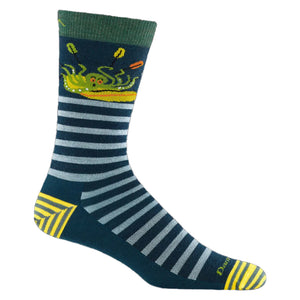 Dark blue sock with gray stripes, a green band at the top, and a yellow and green octopus on a surfboard.