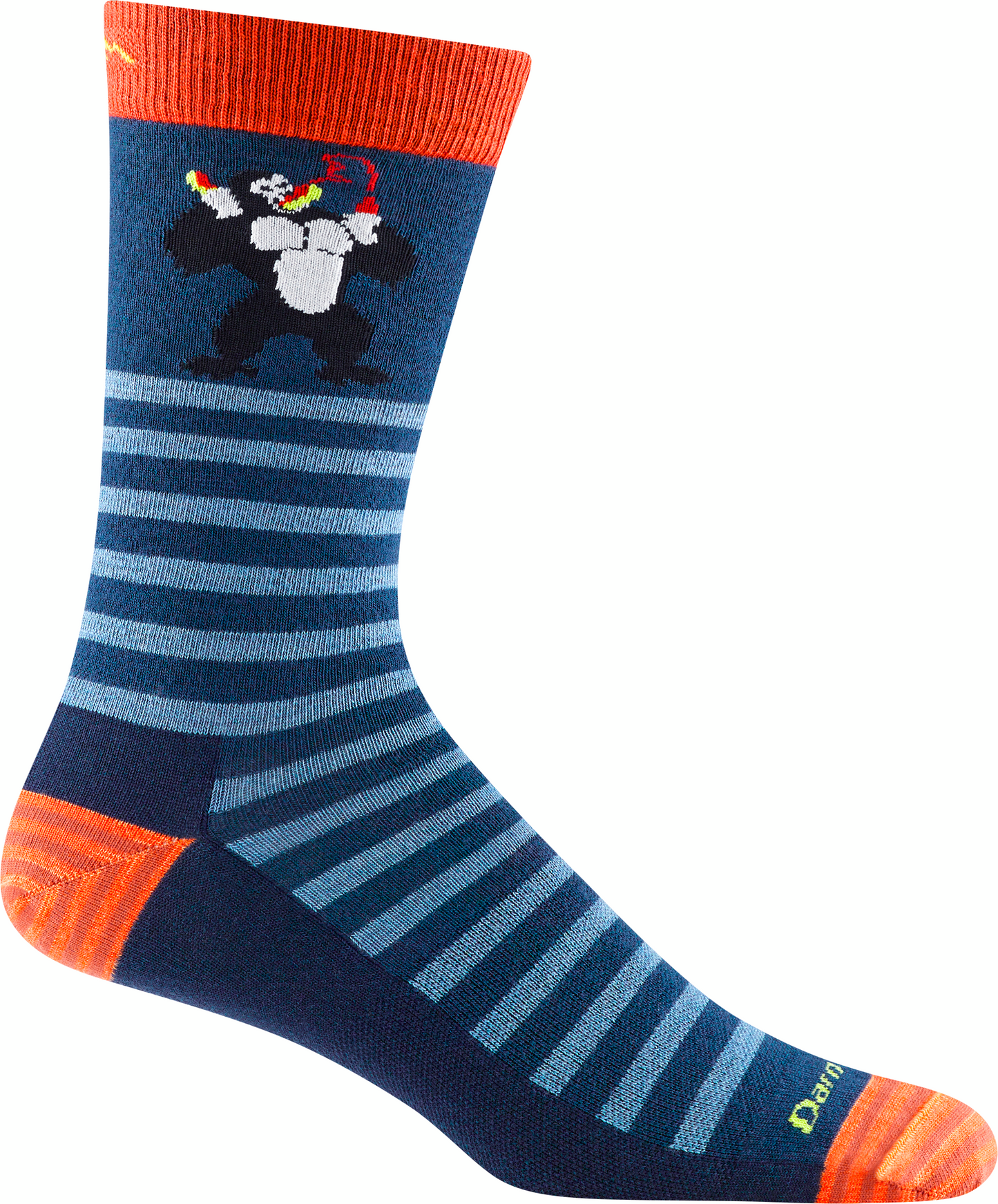 Crew sock with orange toe and top, gorilla with an axe, and horizontal stripes.