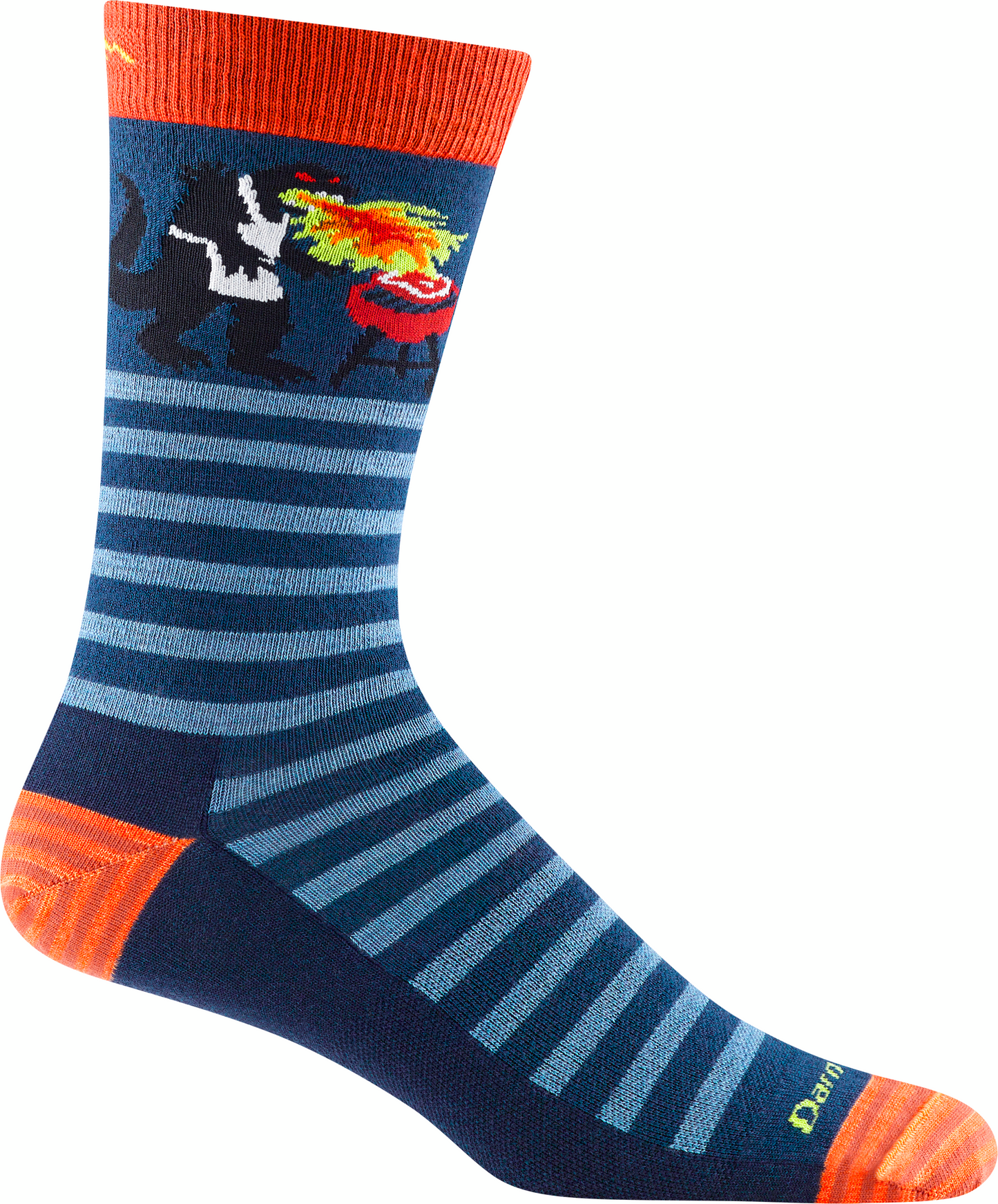 Sock with blue stripes and a black skunk breathing fire on a grill.