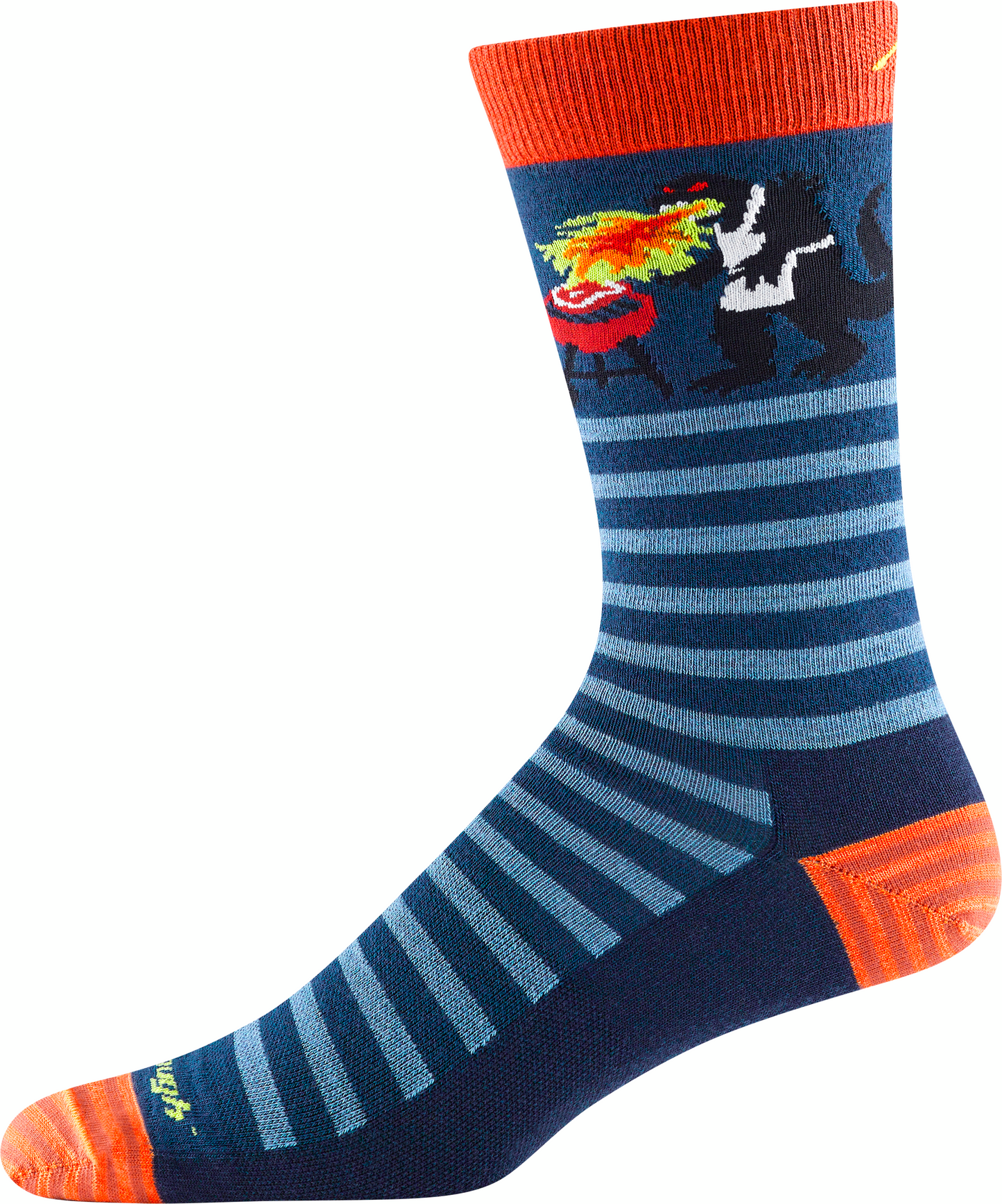 Striped blue crew sock with orange cuffs and heel. Features an illustration of a dragon breathing fire at a dancing woman.