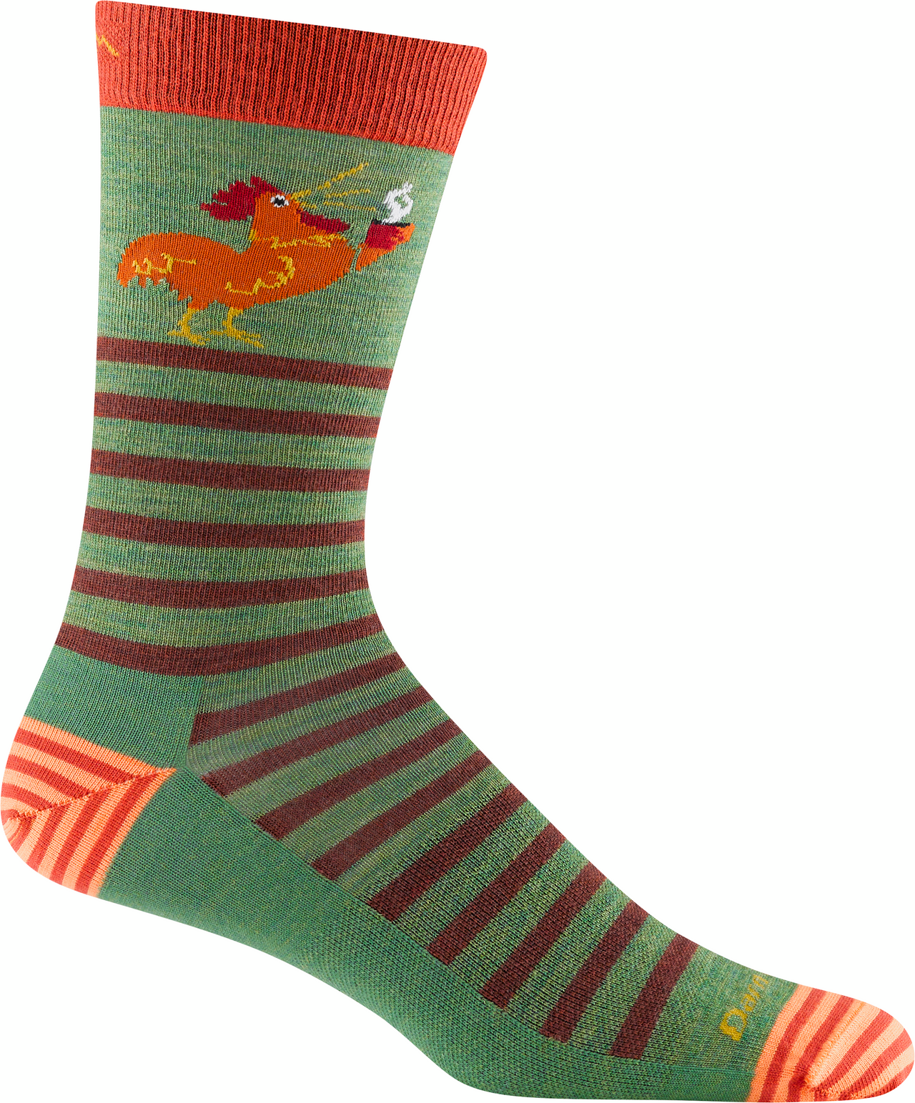Green sock with orange top and heel, brown stripes, and an image of a rooster drinking coffee.