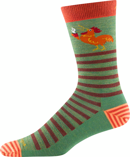 Striped crew sock: green with maroon stripes, orange accents, and an orange cartoon chicken holding a cup of coffee.