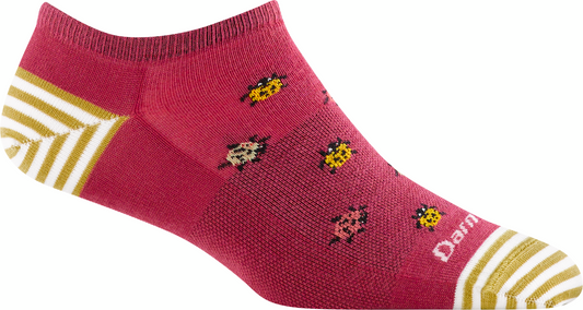 Burgundy sock with ladybug pattern and gold stripes on the heel and toe.