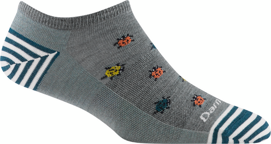 Gray no-show sock with ladybug pattern and striped heel and toe.