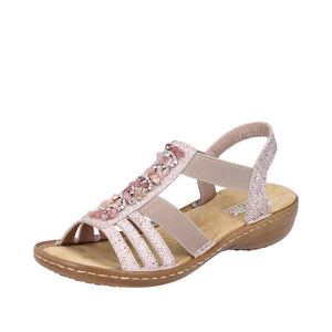Glittery blush sandal with beaded detail, straps, and elastic back.