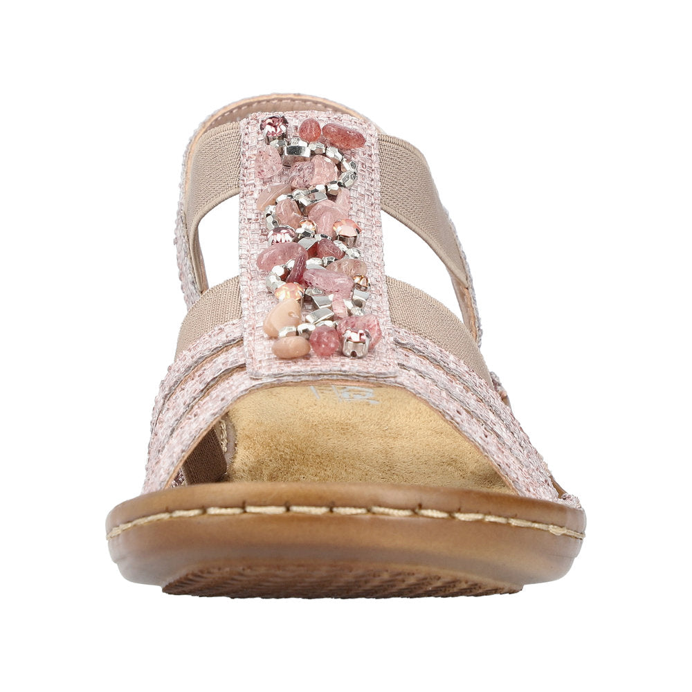 Bejeweled pink sandal with t-strap and elastic.