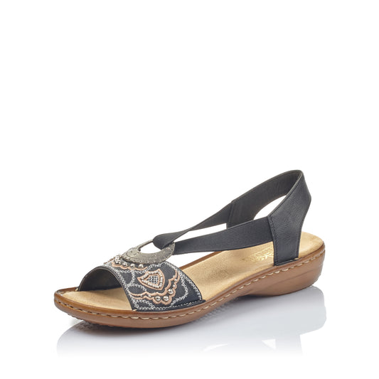 Black sandal with elastic back and decorated toe strap.