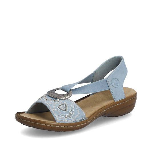 Light blue sandal with decorative silver ring and elastic heel strap.