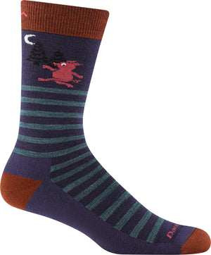 Navy blue sock with horizontal teal stripes, brown toe, brown heel, brown cuff, and a graphic of a running red pig with a moon and a pine tree.