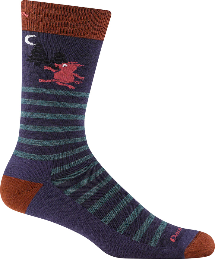 Navy blue sock with horizontal teal stripes, brown toe, brown heel, brown cuff, and a graphic of a running red pig with a moon and a pine tree.