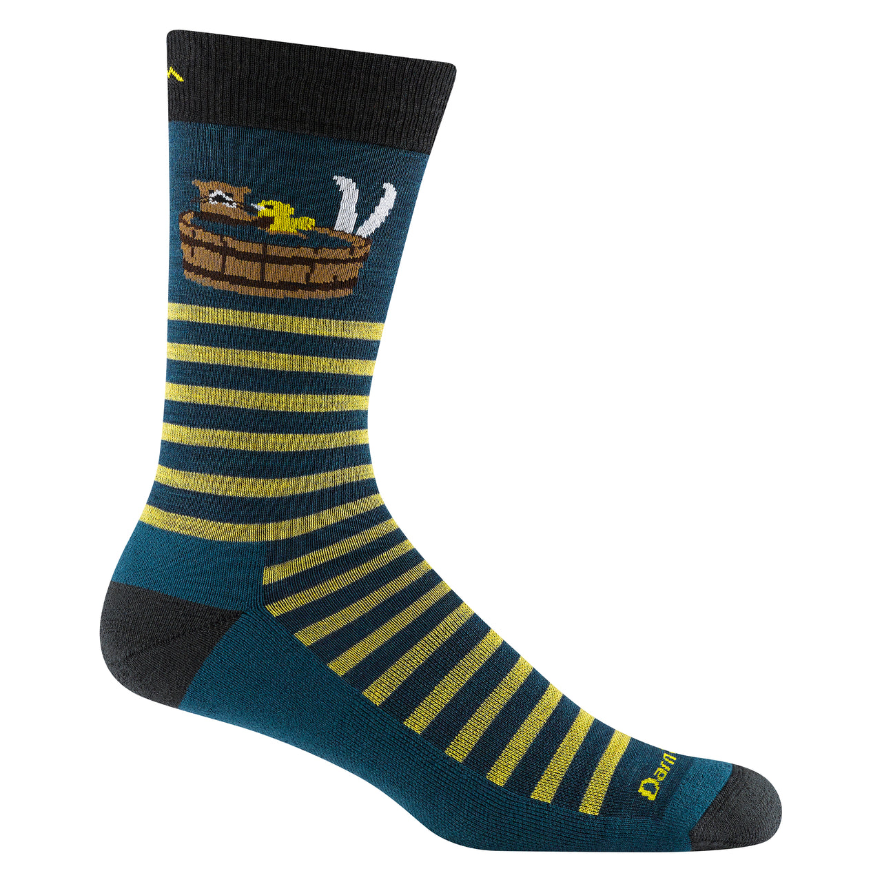 A crew sock is shown with horizontal stripes of light yellow on dark teal; the top portion has a bear relaxing in a tub with a rubber ducky, black heel and toe, and black top.