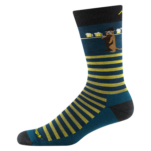 Blue sock with yellow horizontal stripes and an illustration of an otter with beer.