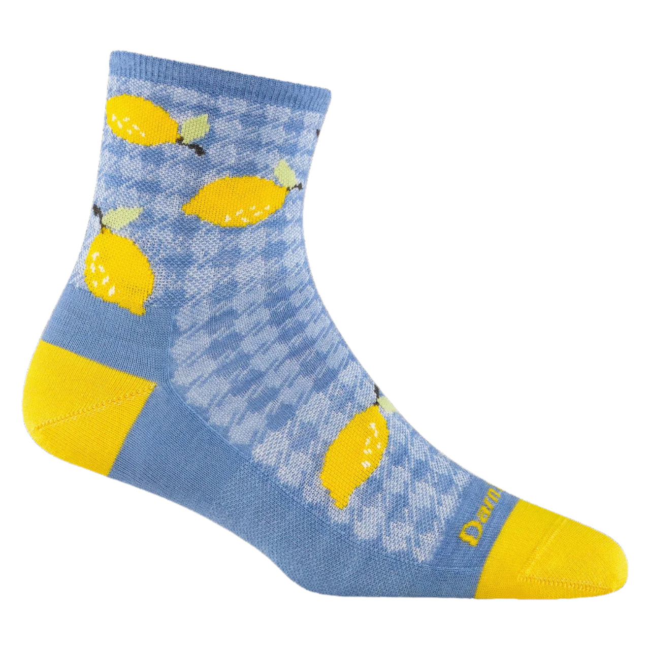 Blue sock with yellow heel, toe, and lemon pattern.