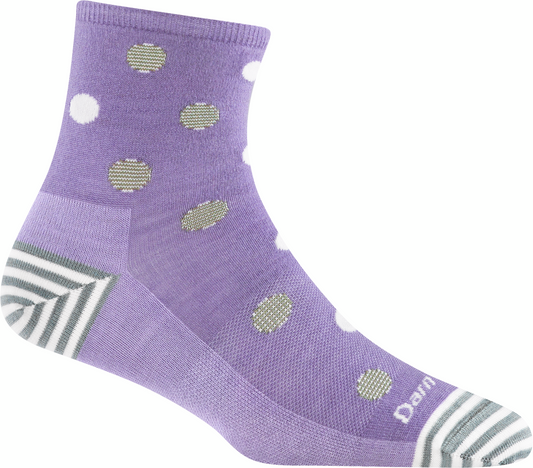 Purple quarter-height sock with white and gray polka dots and gray-striped toe and heel.