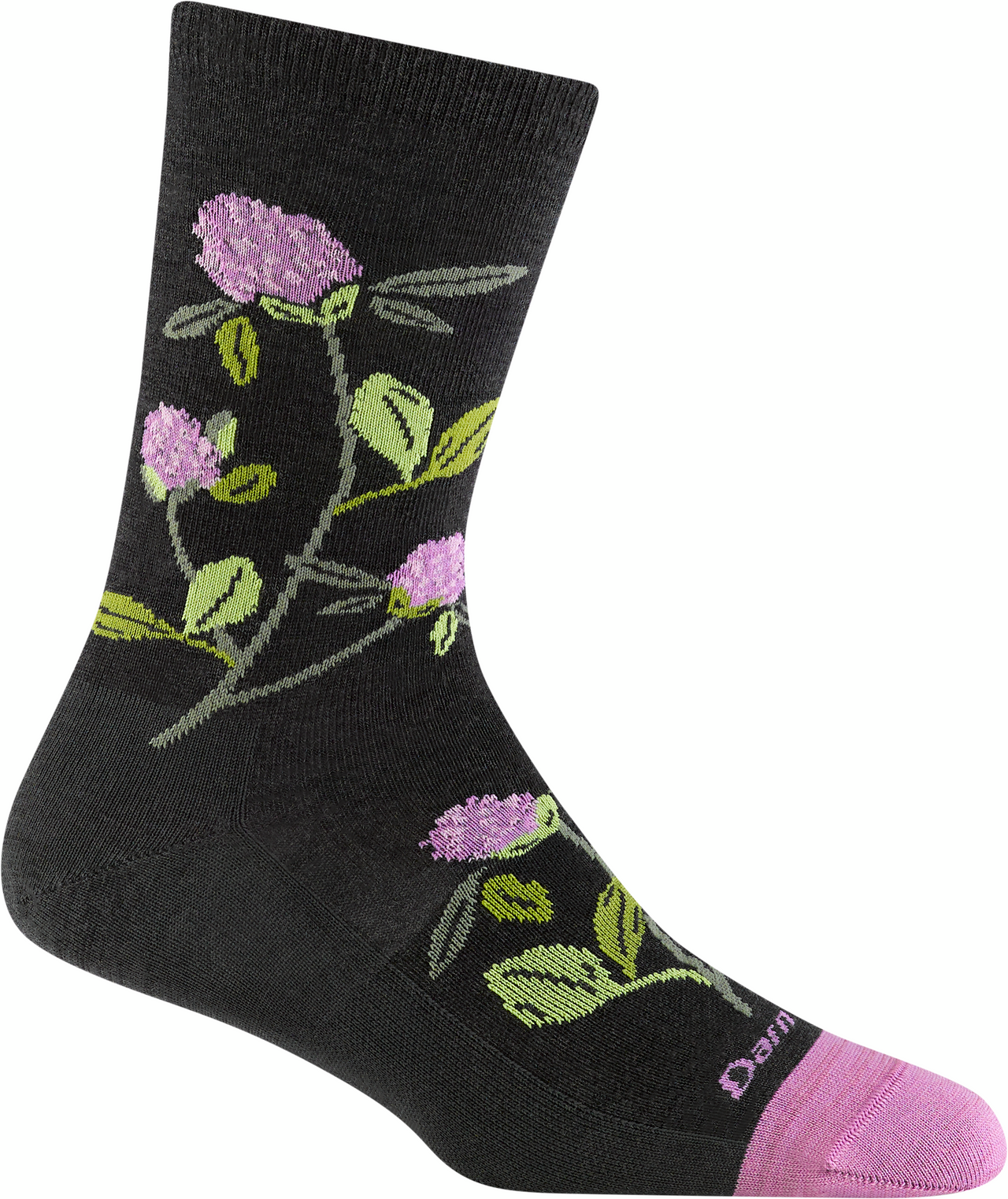 One black sock with floral design, pink toe and label on top of toe.