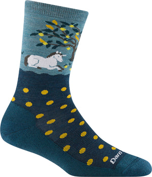 Blue sock with a unicorn laying by a tree dropping yellow fruit.