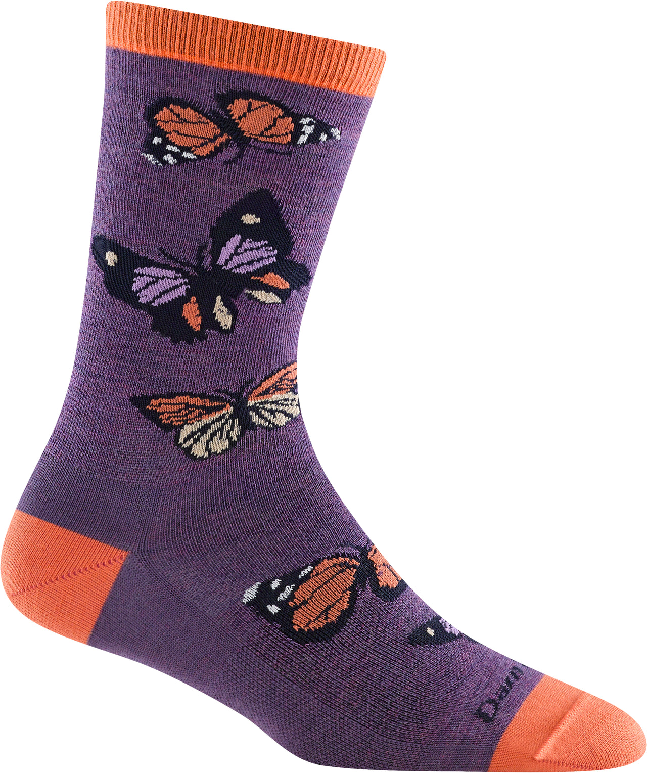 Crew-length purple sock with orange cuffs and heel, patterned with butterflies.