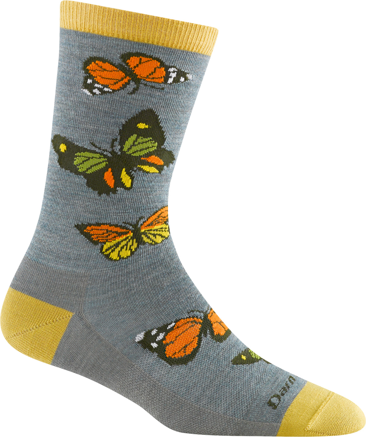 Crew-length sock with colorful butterfly pattern and yellow reinforced heel and toe.