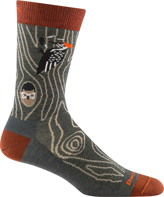 A gray crew sock with a nature pattern depicting a woodpecker and owl in a tree, featuring brown toe, heel and top.