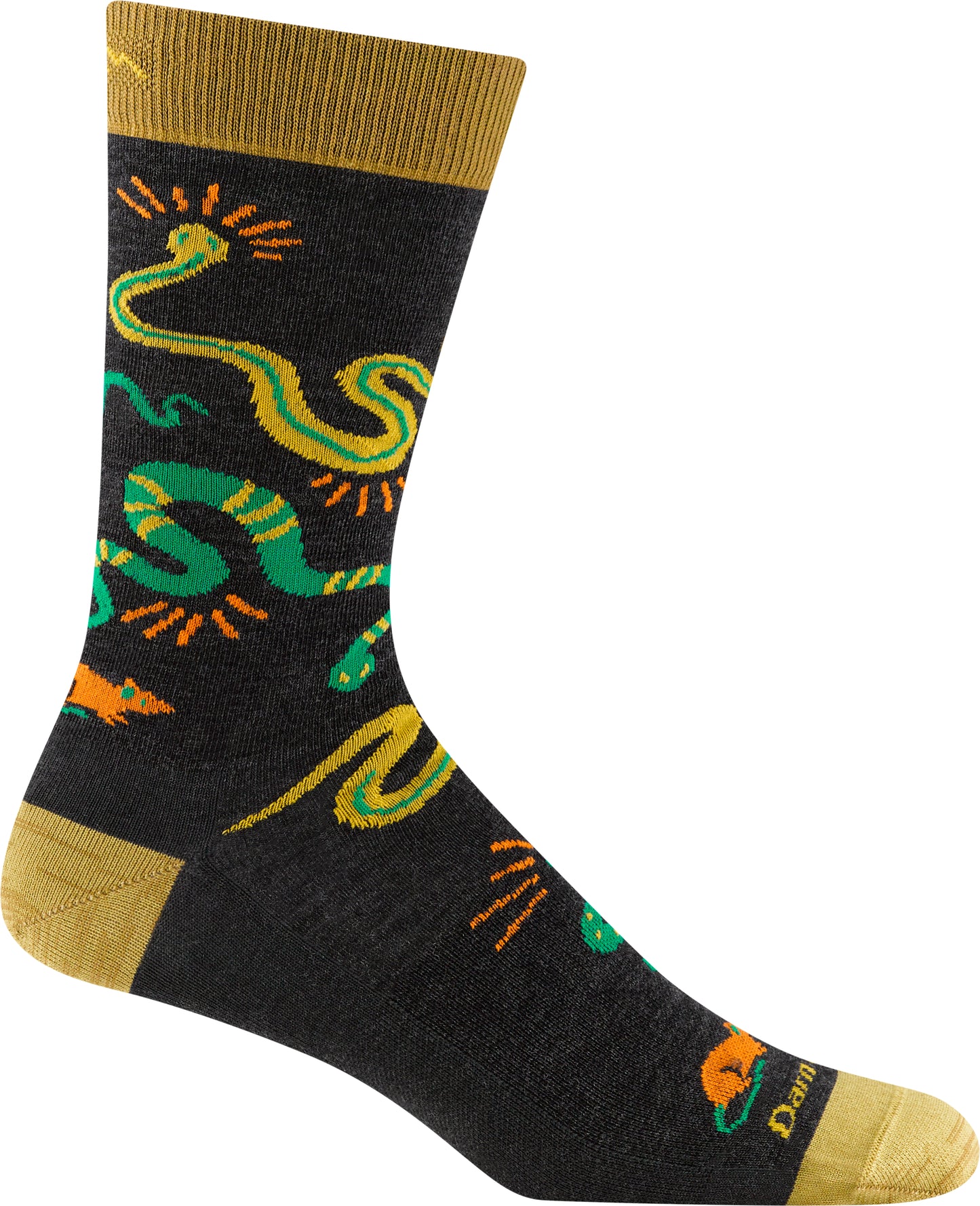 Black sock with yellow toe, heel, and top band, and green and yellow snake design.