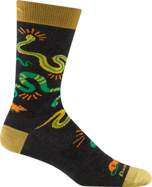 Black sock with yellow toe, heel, and top band, and green and yellow snake design.