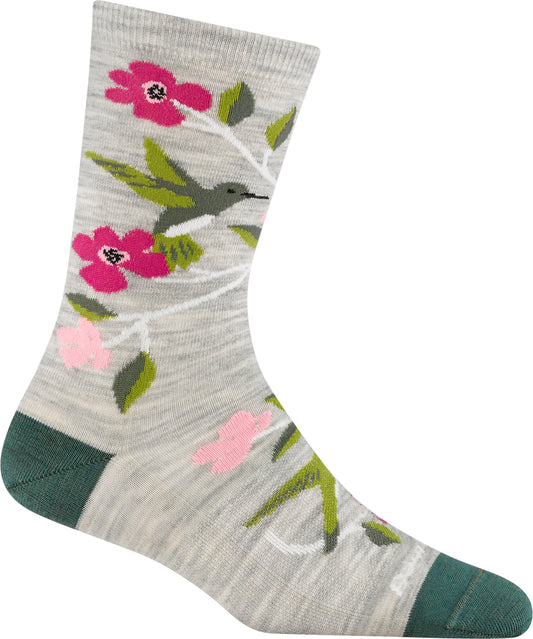 A gray crew sock featuring a hummingbird and pink flowers, with green toe and heel.