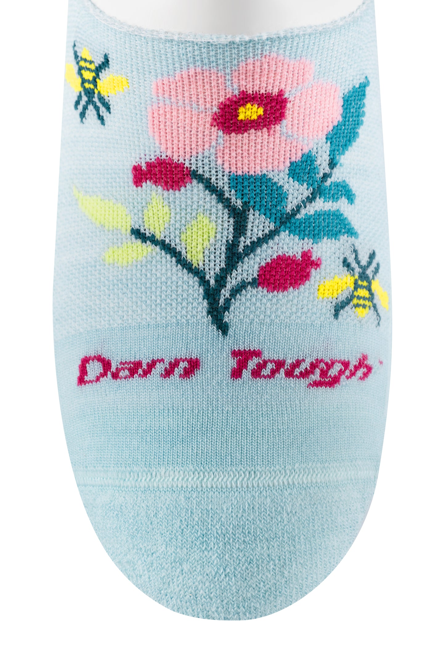 Light blue sock with floral design and bees, text 'Darn Tough'.