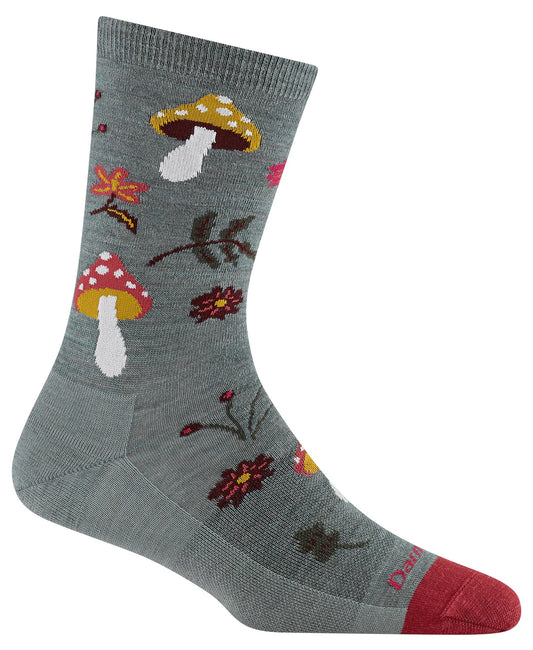 Gray crew sock with mushroom, flower and leaves pattern and red toe.