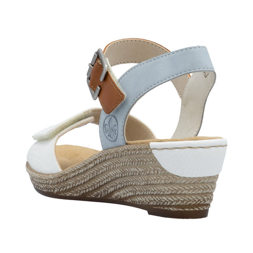 Wedge sandal with a buckle, a white toe strap, a braided texture, and light blue and brown elements.