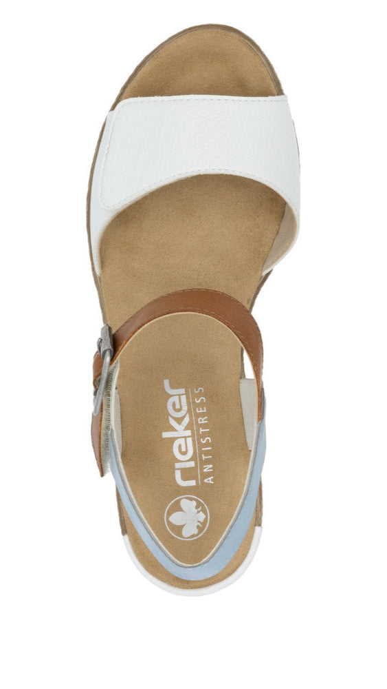 Overhead view of a white and brown sandal with the text "rieker ANTISTRESS" on the insole.
