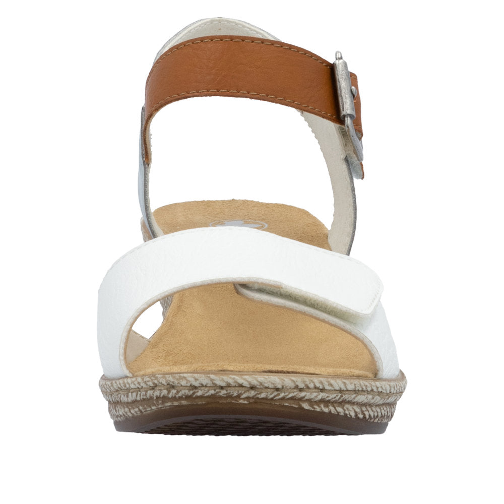Front-view of white sandals with brown strap.