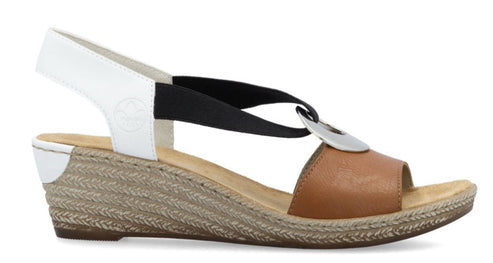 Wedge sandal with white heel strap, black instep strap, tan toe strap, and jute-wrapped wedge heel.