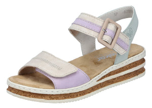 Platform sandal with white and light purple straps and buckle.