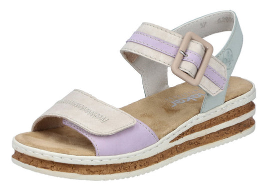 Platform sandal with white and light purple straps and buckle.