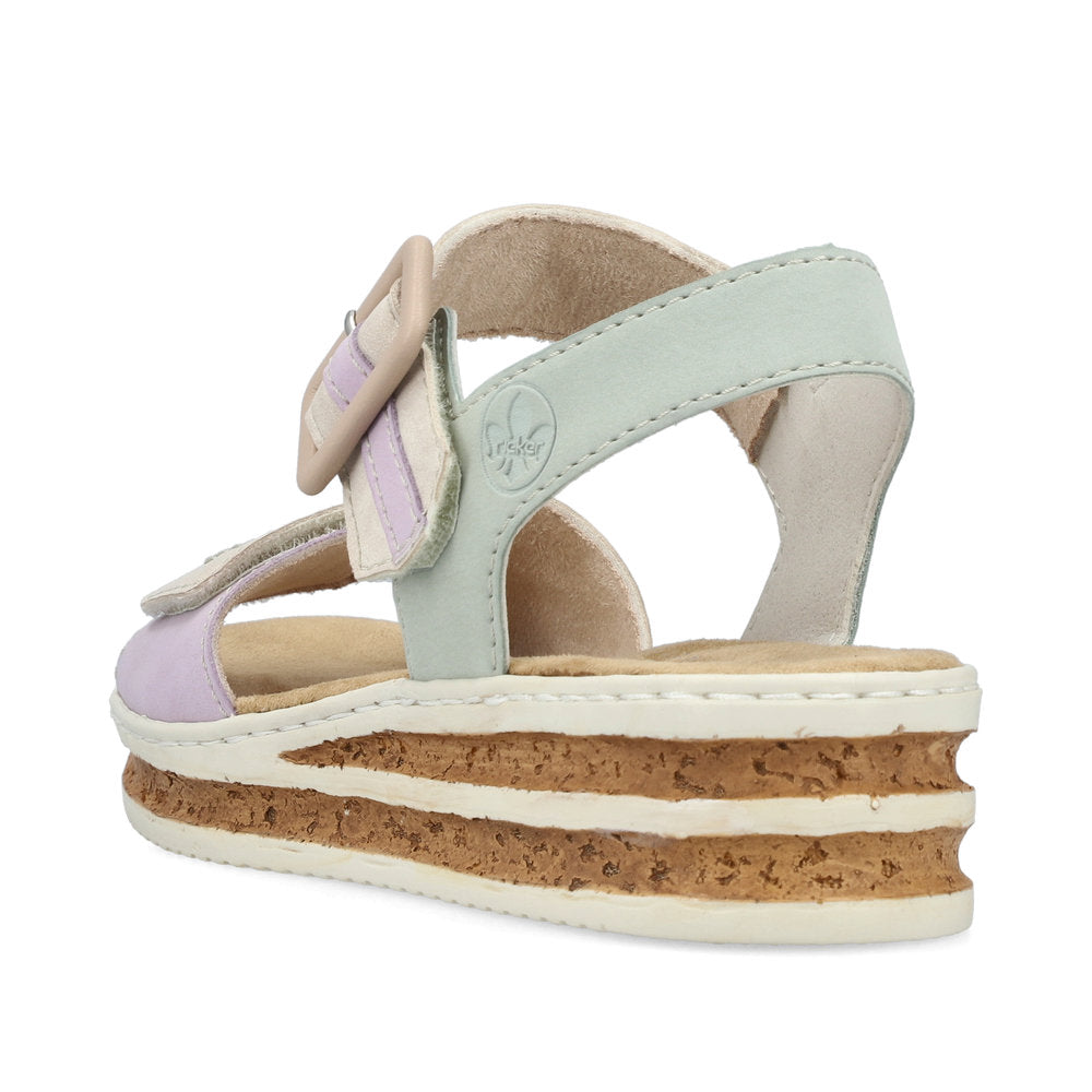 Lavender and green sandal with platform sole, viewed from the back.