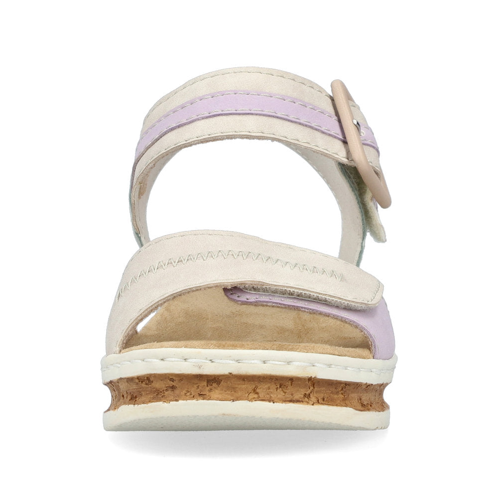 Beige and lavender platform sandal with buckle.