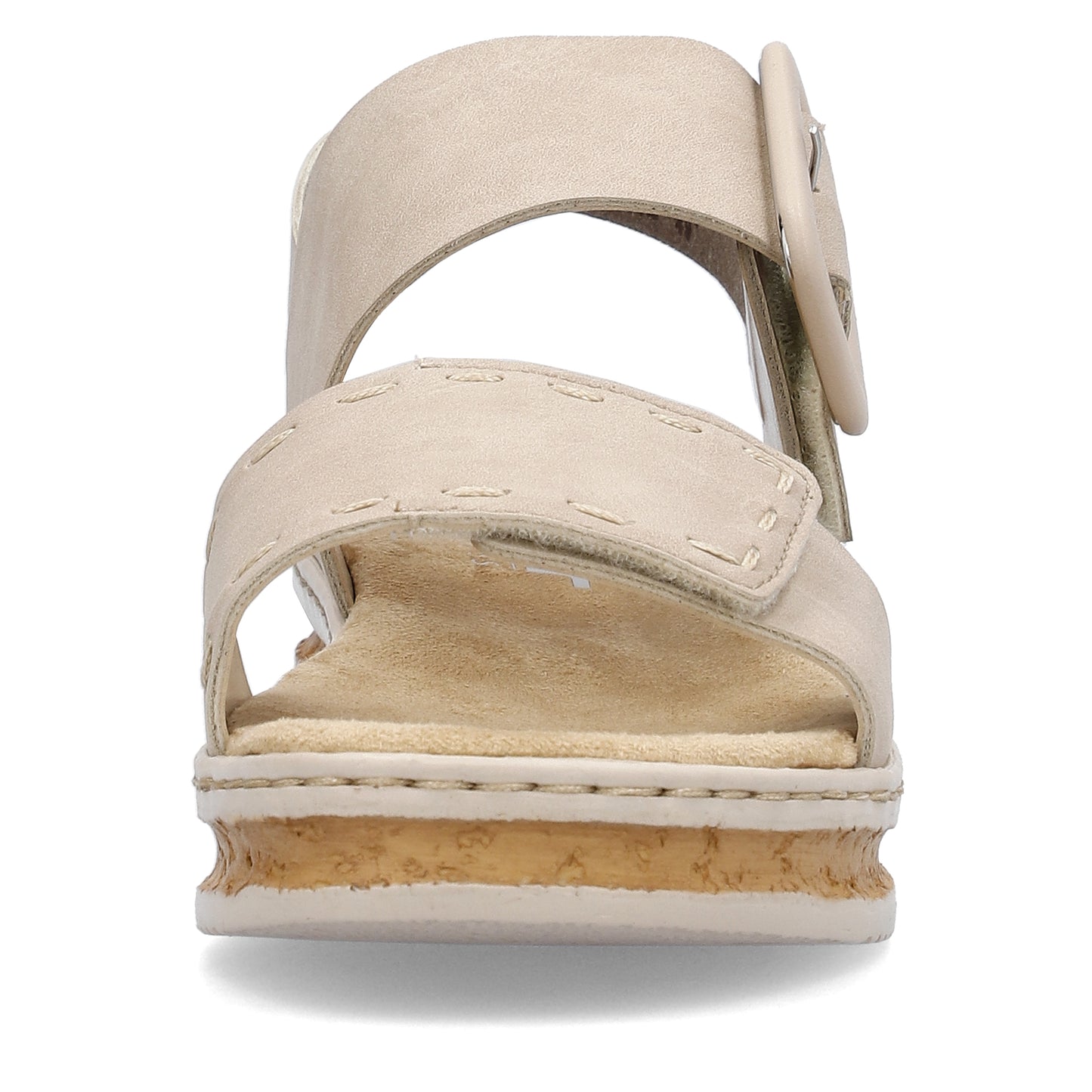 Beige sandal with oversized round buckle and platform sole.