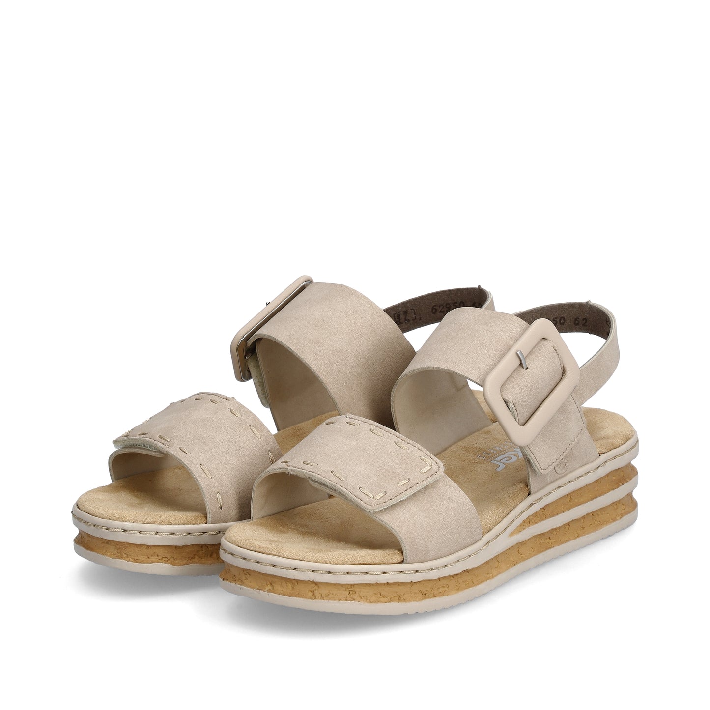 Two beige sandals with adjustable velcro straps and buckle closure.