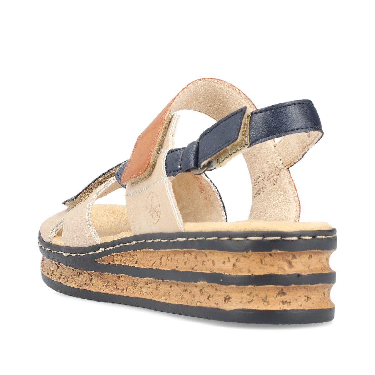 Beige sandal with blue and brown accents, a thick cork sole with black trim, and velcro straps.