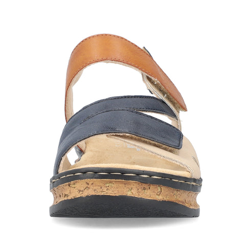 Front view of sandal with brown and navy straps, cork midsole, and black sole.