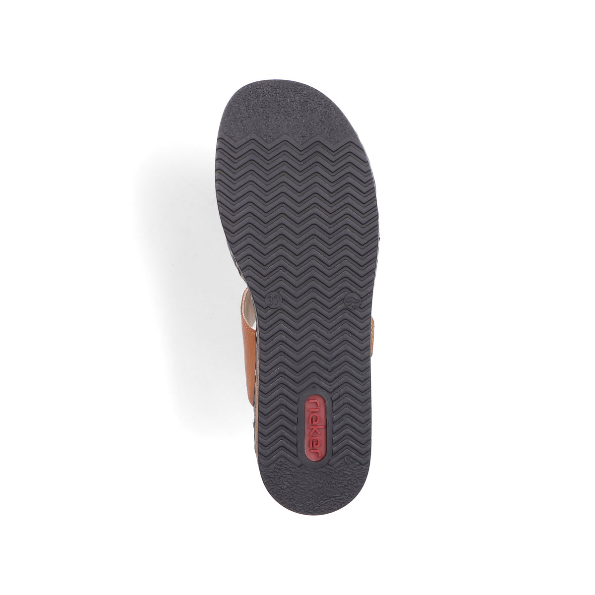 The bottom of a brown sandal with a dark-colored sole that has a ridged pattern.