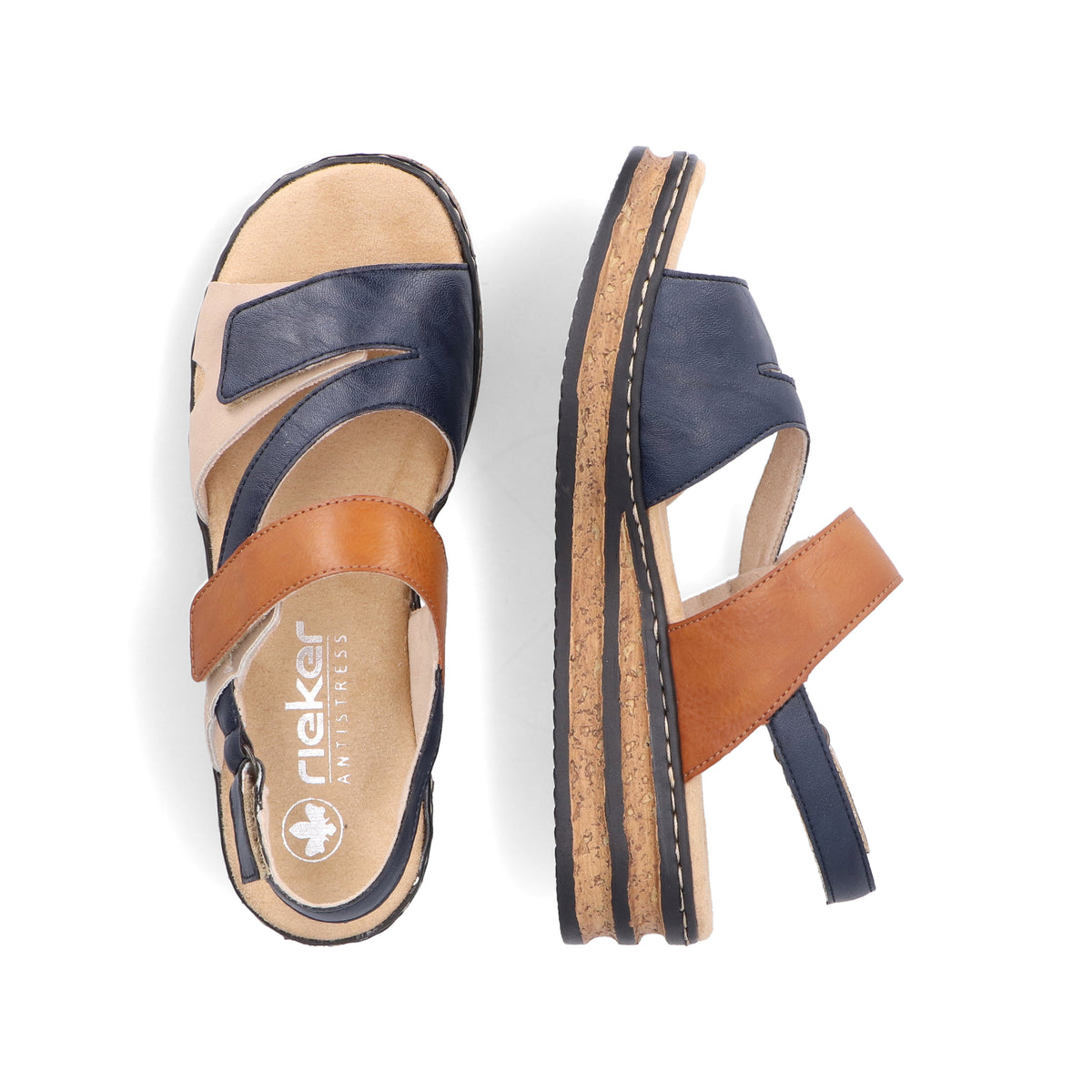 Two rieker sandals; one right side up, other on its side. Sandals have navy, tan and brown straps, adjustable ankle strap and cork sole.