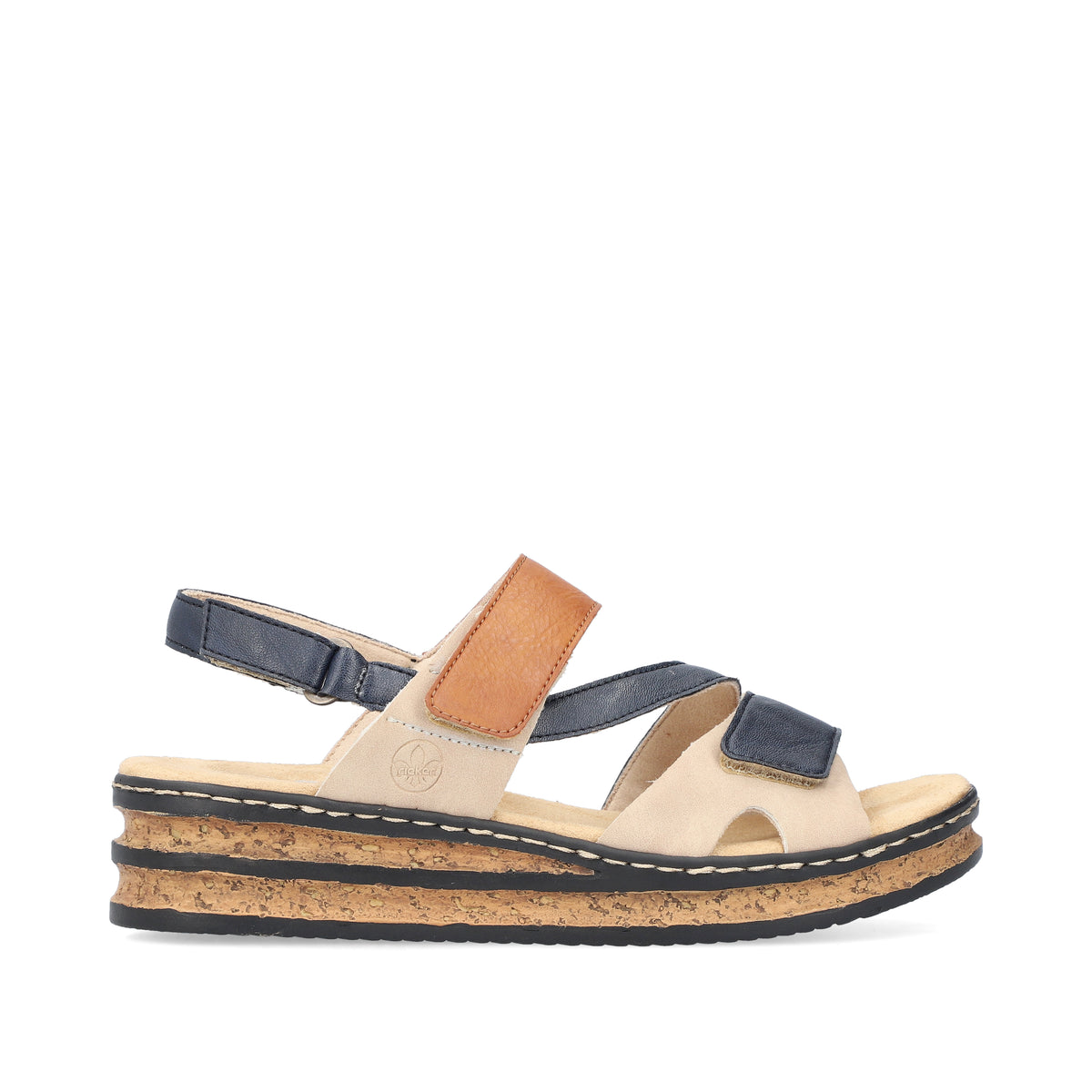 A women's sandal featuring an open-toe, beige color, and navy and brown straps. It has a cork platform.