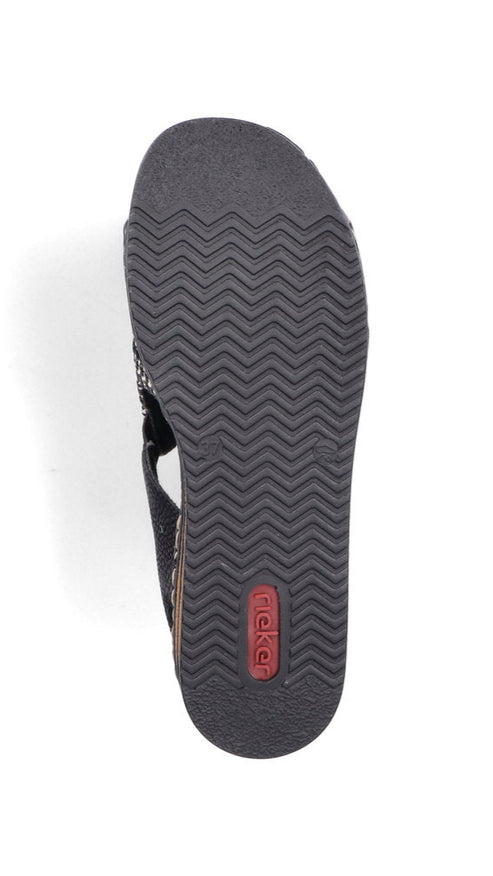 Black sandal with wavy pattern sole and red logo detail.