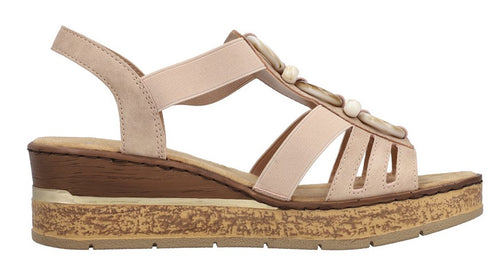 Wedge sandal with beige straps and bead accents