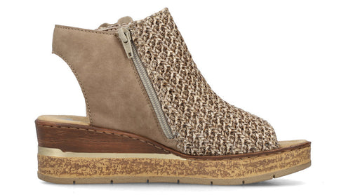 Peep toe, beige wedge sandal with zipper closure and woven texture.
