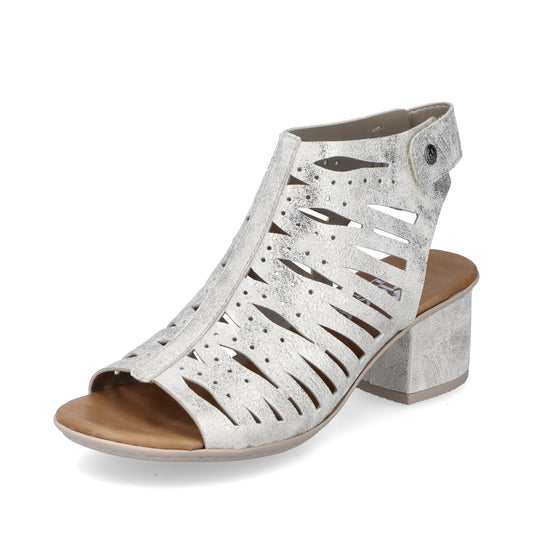 Open-toed white sandal with cutout details and block heel.