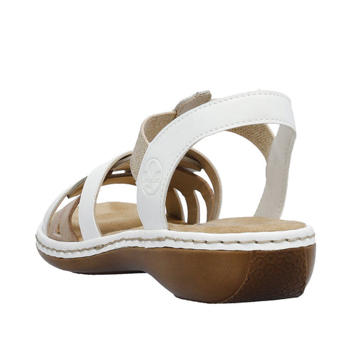 White strappy sandal with tan accents, rear view.