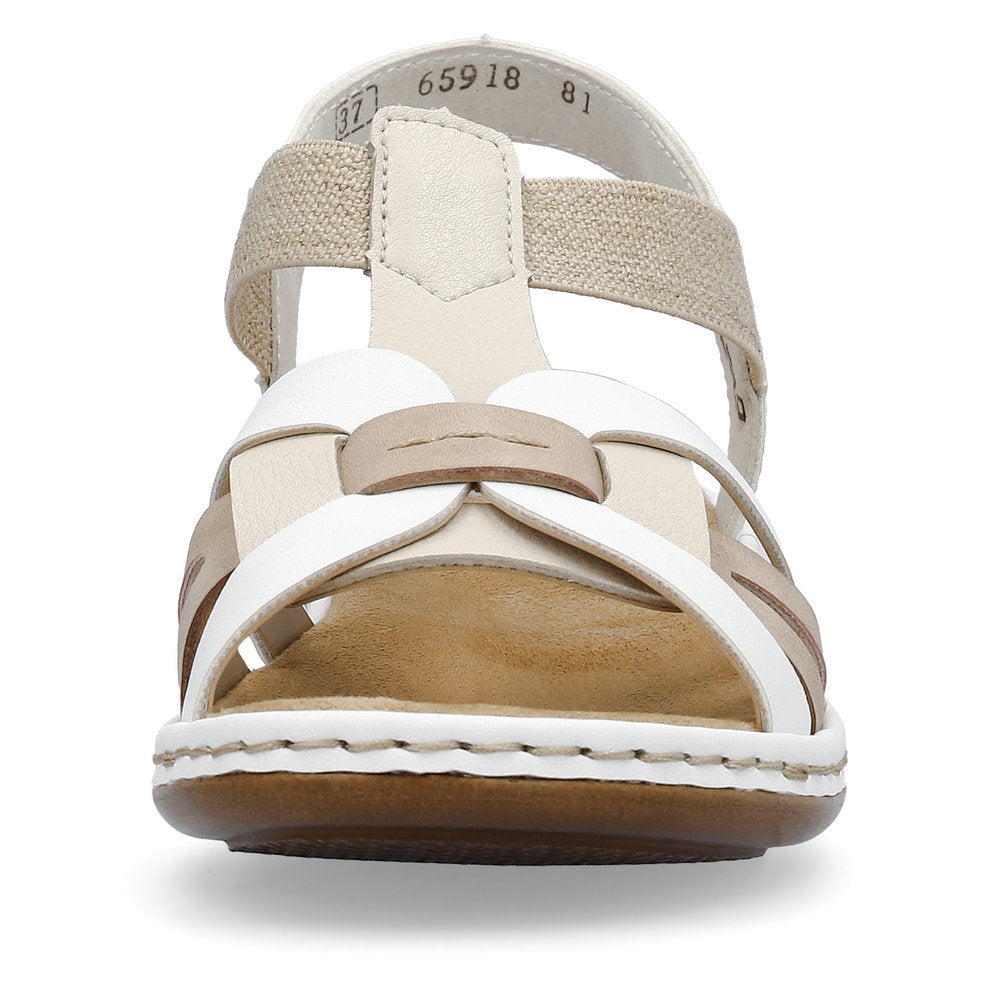 Front view of women's flat sandals with interwoven white and beige straps.